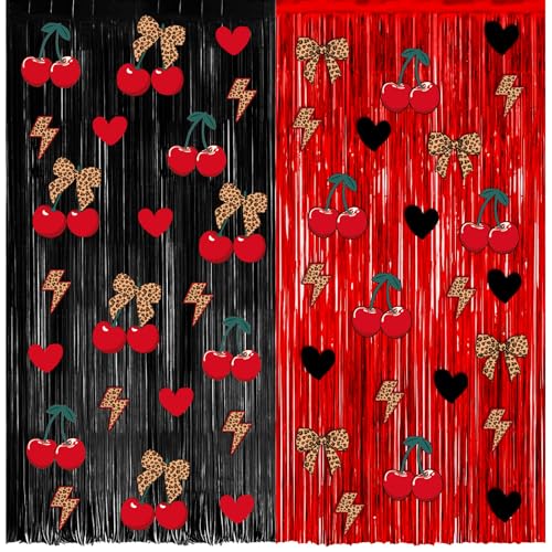 Image of 4 Pack 3.2x8.2ft Cherry Leopard Print Foil Fringe Curtains