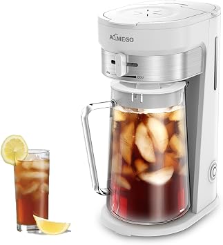 AEMEGO Iced Tea Coffee Maker, Brewing System with 2.5-quart Glass Pitcher, sliding strength selector, Stainless Steel Decoration, Reusable Filterwhite