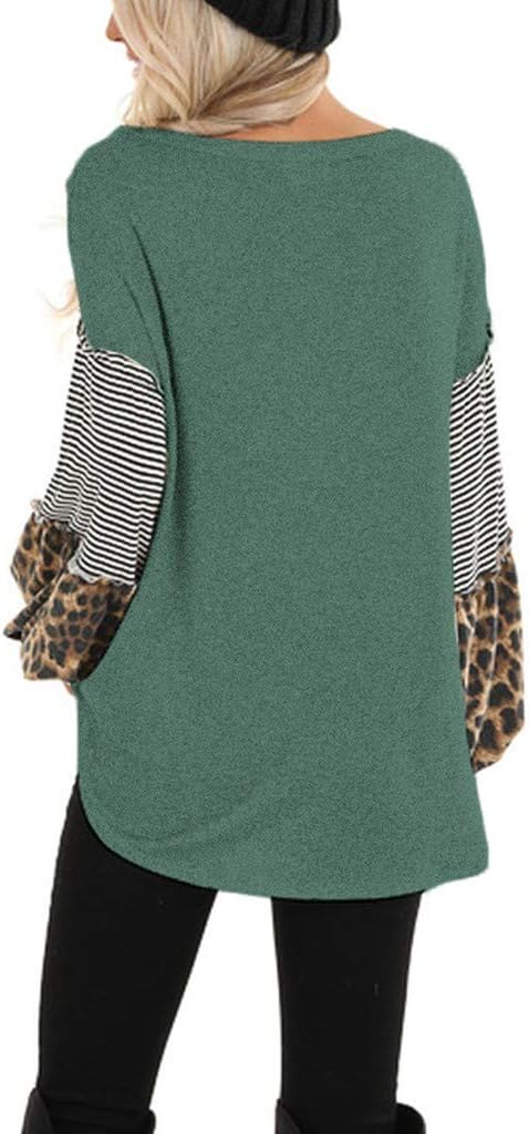 Womens Color Block Leopard Round Neck Raglan Long Sleeve Casual Striped Loose Tunic Shirts Tops Pullover Sweatshirt Green