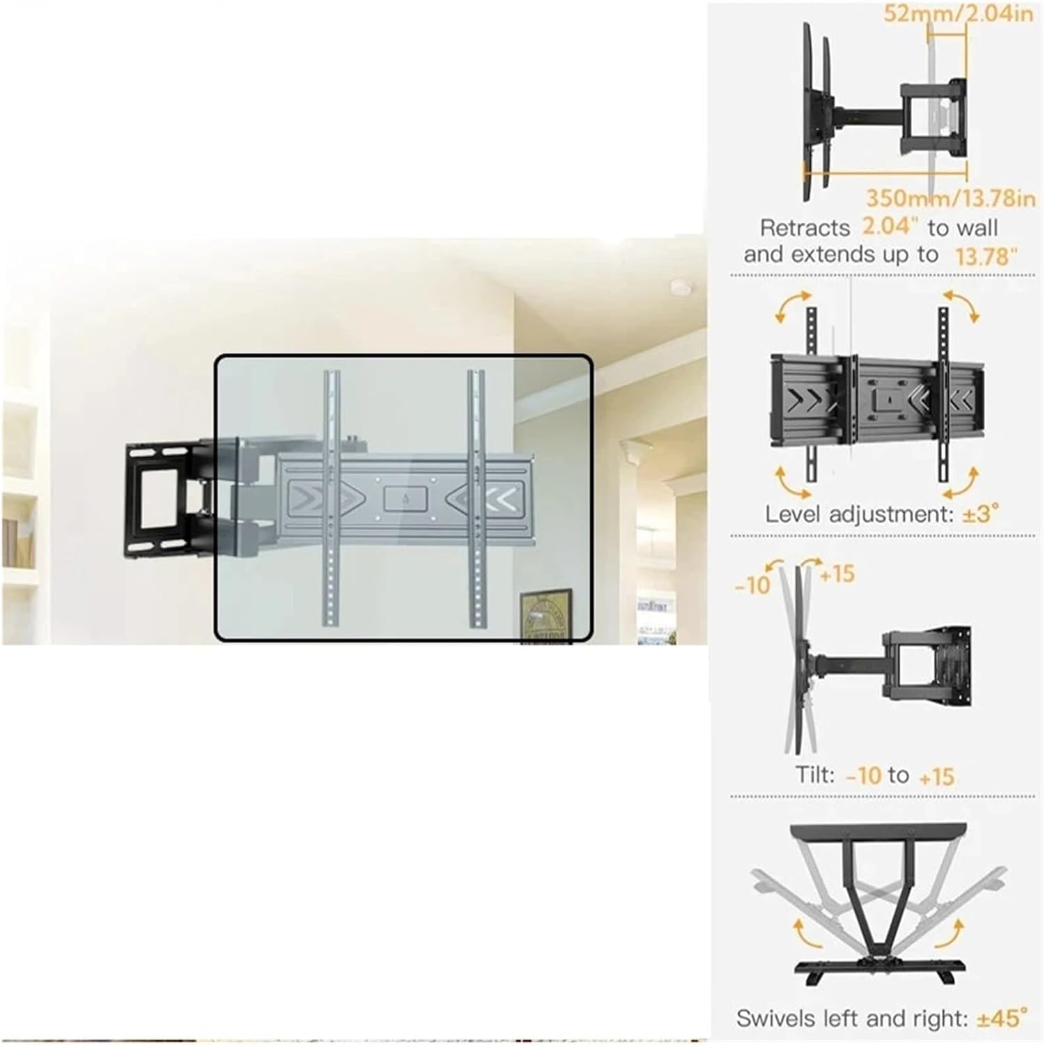 Soporte TV Pared Movimiento Completo 33"-70" Pulgadas televisor hasta 45 kg, Montaje Doble Brazo con Inclinación, Giro y Extensión sin Herramientas, Universal. MAX VESA 400x400mm
