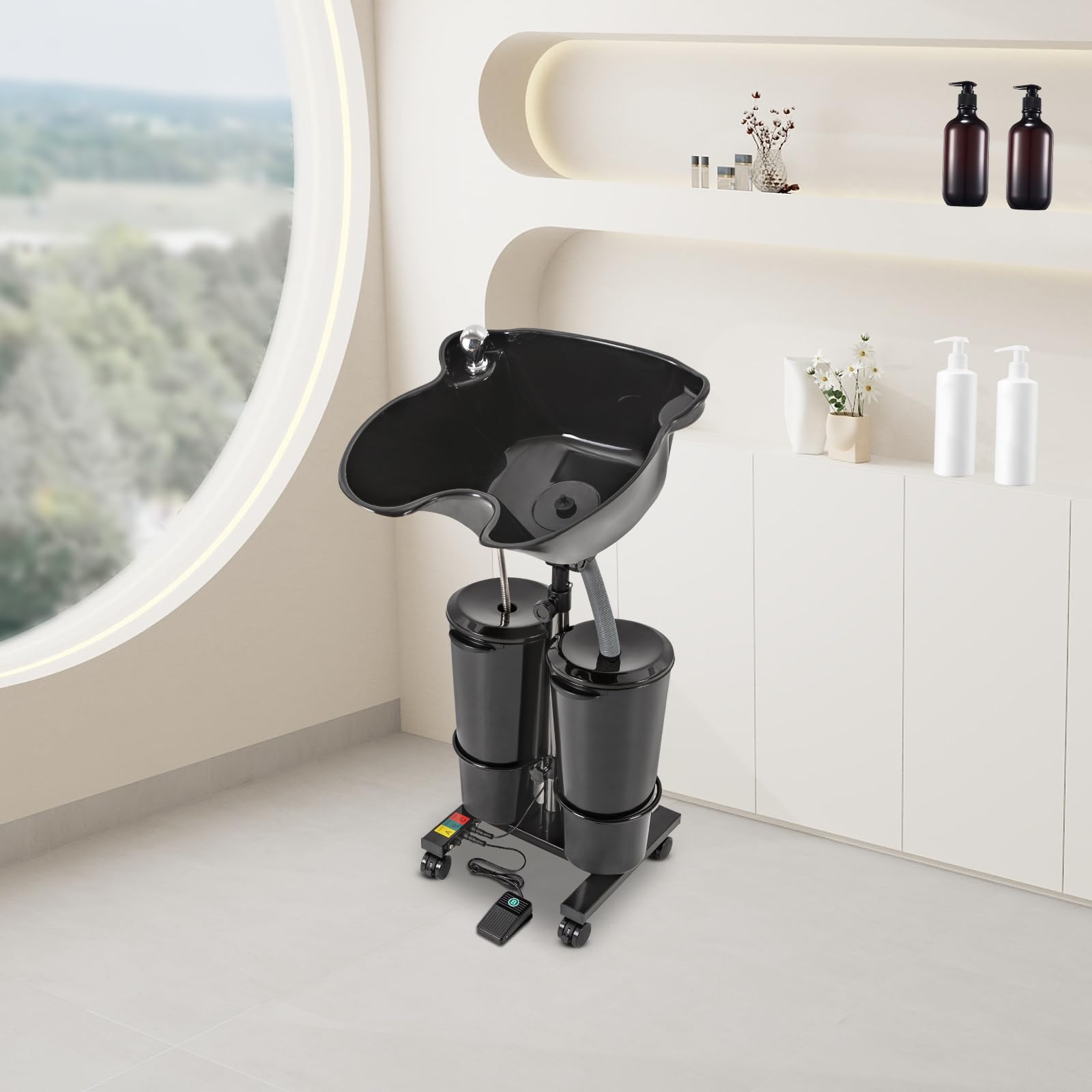 Lavabo portatile da parrucchiere, shampoo, con 2 secchi d'acqua e pompa, lavabi per capelli professionale, regolabile in altezza 105-140 cm, per parrucchieri, cura, anziani