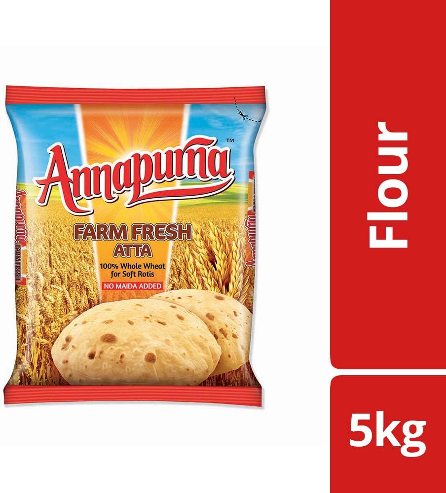 Annapurna Farm Fresh Whole Wheat Atta, 100% Whole Wheat for Soft Rotis, No Maida Added / 5kg., 11lb
