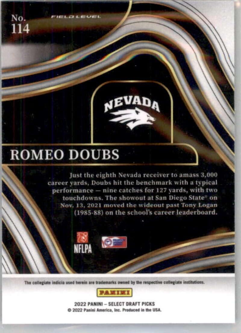 2022 Panini Select Draft Picks Blue #114 Romeo Doubs Nevada Wolf Pack Field Level RC Rookie Card Official NCAA Football Card in Raw (NM or Better) Condition