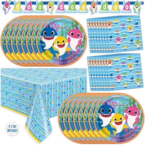 Baby Shark Birthday Decorations | Baby Shark Party Decorations | Serves 16 | Banner Tablecloth Plates Napkins Sticker | Officially Licensed