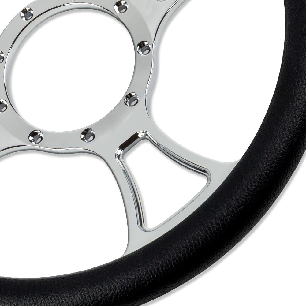Chrome 14" Billet Aluminum 9 Holes Steering Wheel Trinity Style with Black Leather Half Wrap
