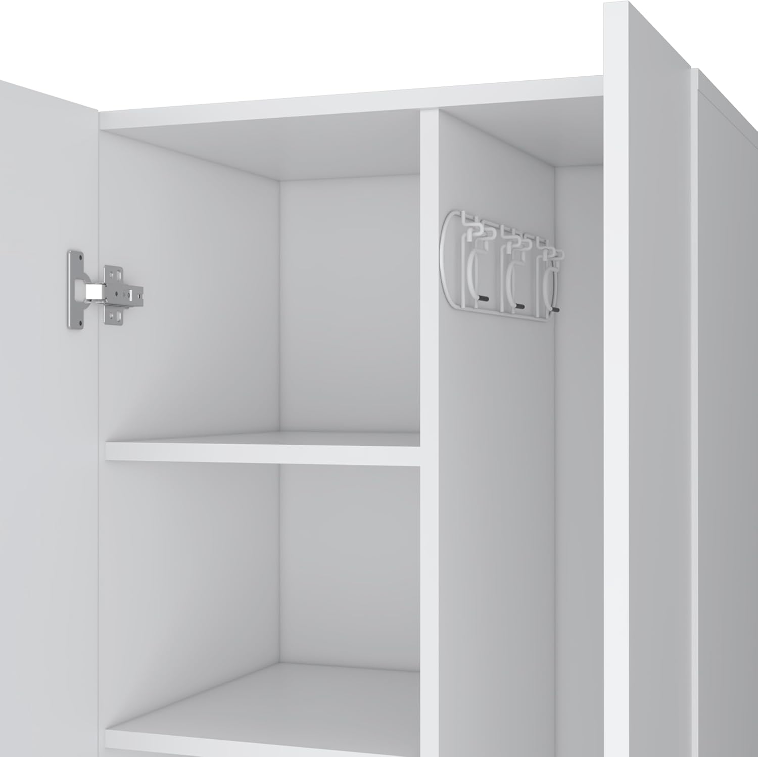 Slim White Broom Closet Storage Cabinet - Double Door Cabinet with Fixed Shelves and Side Hooks for Cleaning Supplies, Towels, Mops, Brooms