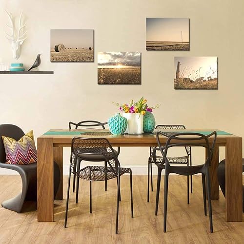 Miniatura 4 de Biuteawal 4 piezas de arte de pared rural, campo de trigo al atardecer, pintura fotográfica sobre lienzo, arte de campo, granja, sala de estar,