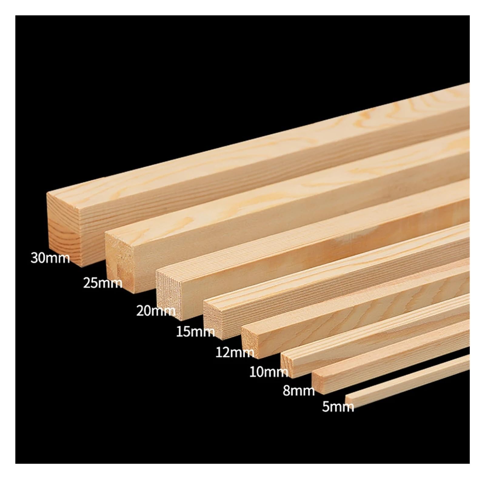 Drewniane gładkie pręty Kwadratowe paski drewna sosnowego 5x5mm do 25x25mm 330mm Opakowanie 15 sztuk