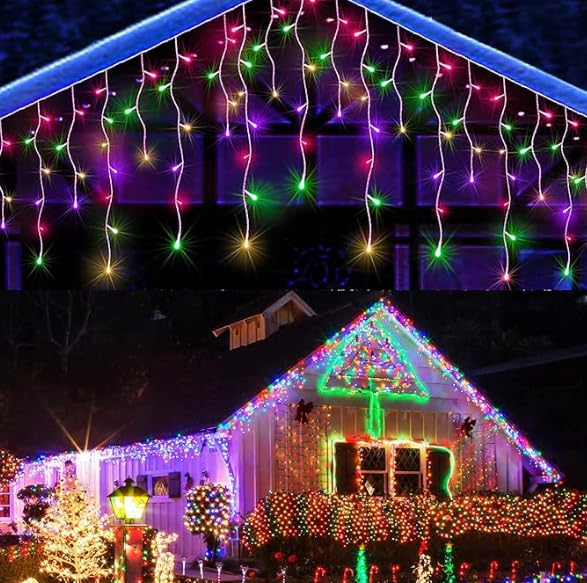 GlobaLink bunte 20m Eisregen Vorhanglichter mit Timer, 800 LEDs & 160 Eiszapfen, erweiterbare Außennlichterkette für Dach, Balkon, Weihnachten und Feierlichkeiten