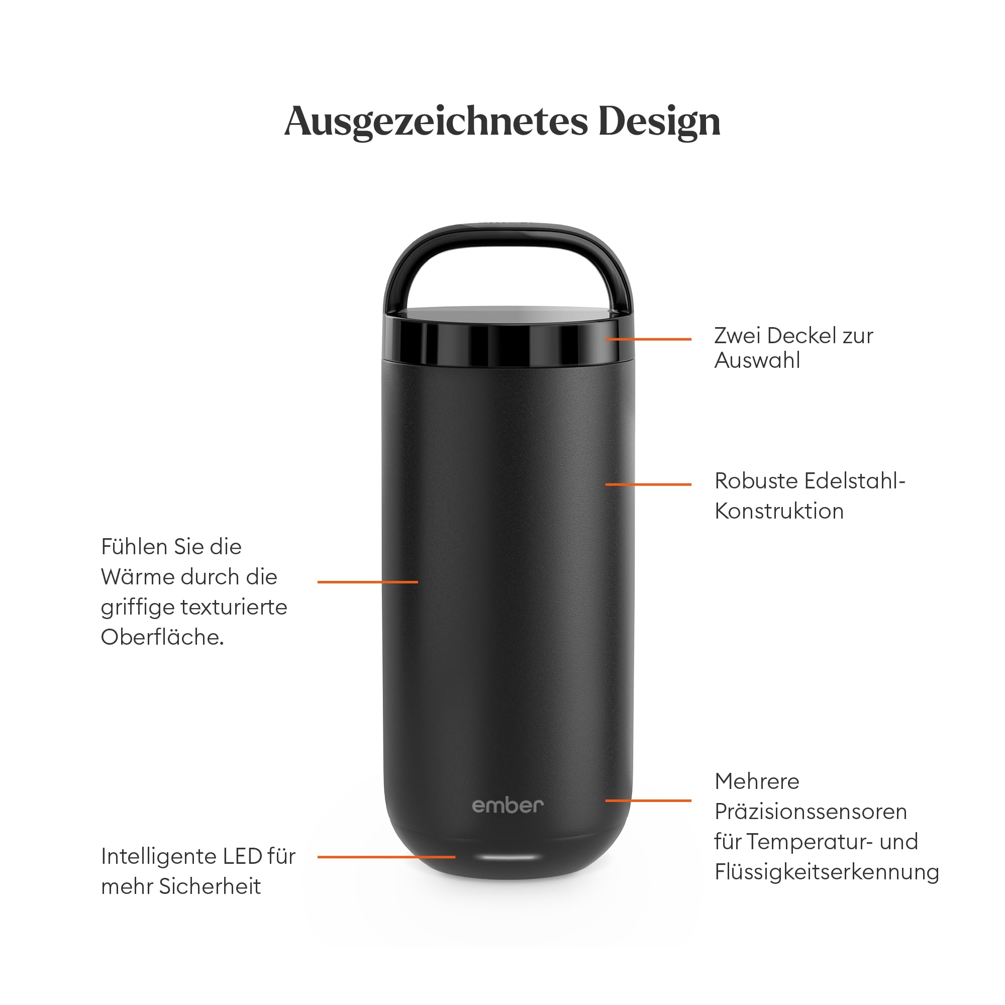 Ember Smart Tumbler mit Temperatureinstellung – 473 ml, per App steuerbar, wiederaufladbarer Reisebecher – Edelstahl-Thermoskanne mit auslaufsicheren Deckeln – 3-Stunden-Akku, Schwarz
