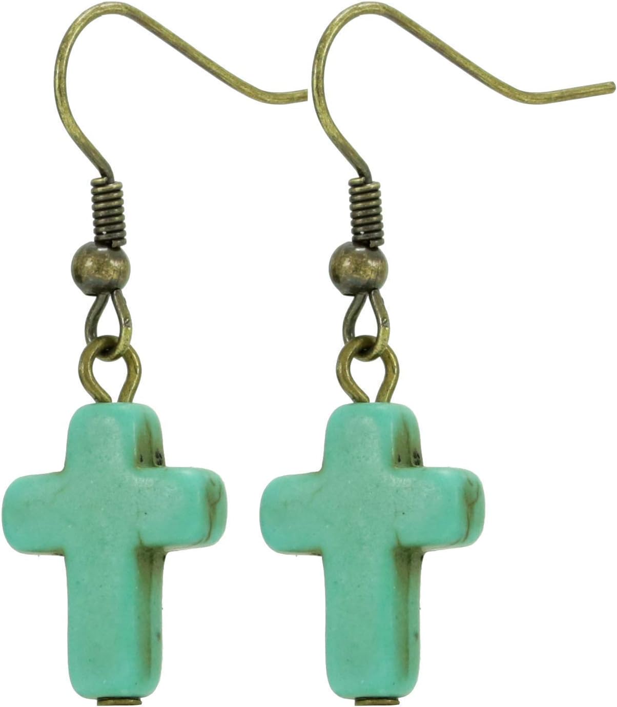Bronze/Brass Tone Turquoise Colored Howlite Cross Earrings, Handmade Southwestern Women's Jewelry