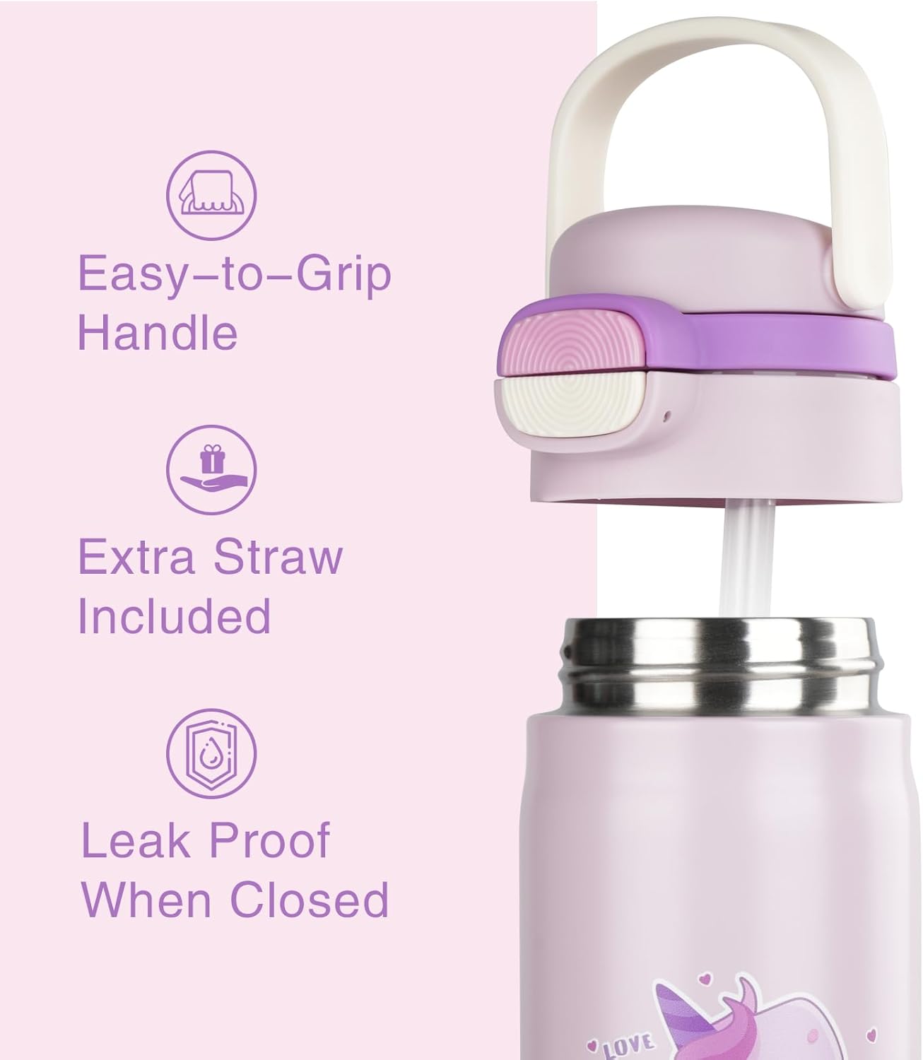Water Bottle for Kids，Insulated Bottle with Straw, Vacuum Insulated Water Bottle for Boys&Girls, Leak-proof Insulated Tumbler（Purple, Unicorn） - Image 2