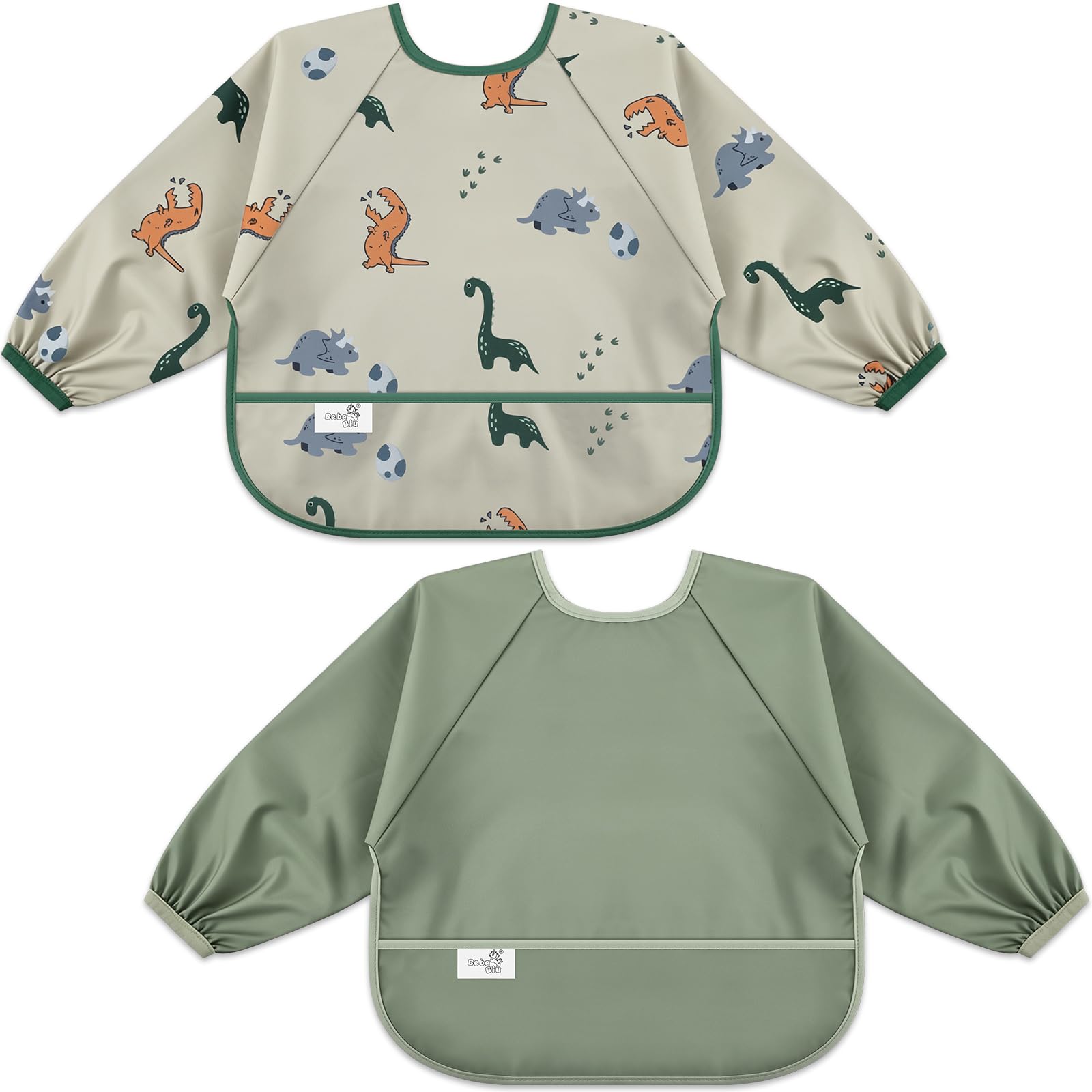 BebeBiu Long Sleeve Baby Bib, Waterproof Weaning Bibs with Catch-All Pocket, 2pk Baby Feeding Bibs, Adjustable Sleeves Toddler bib for Ages 6-24 Months (Dino Sage, Small 6-24 Months)