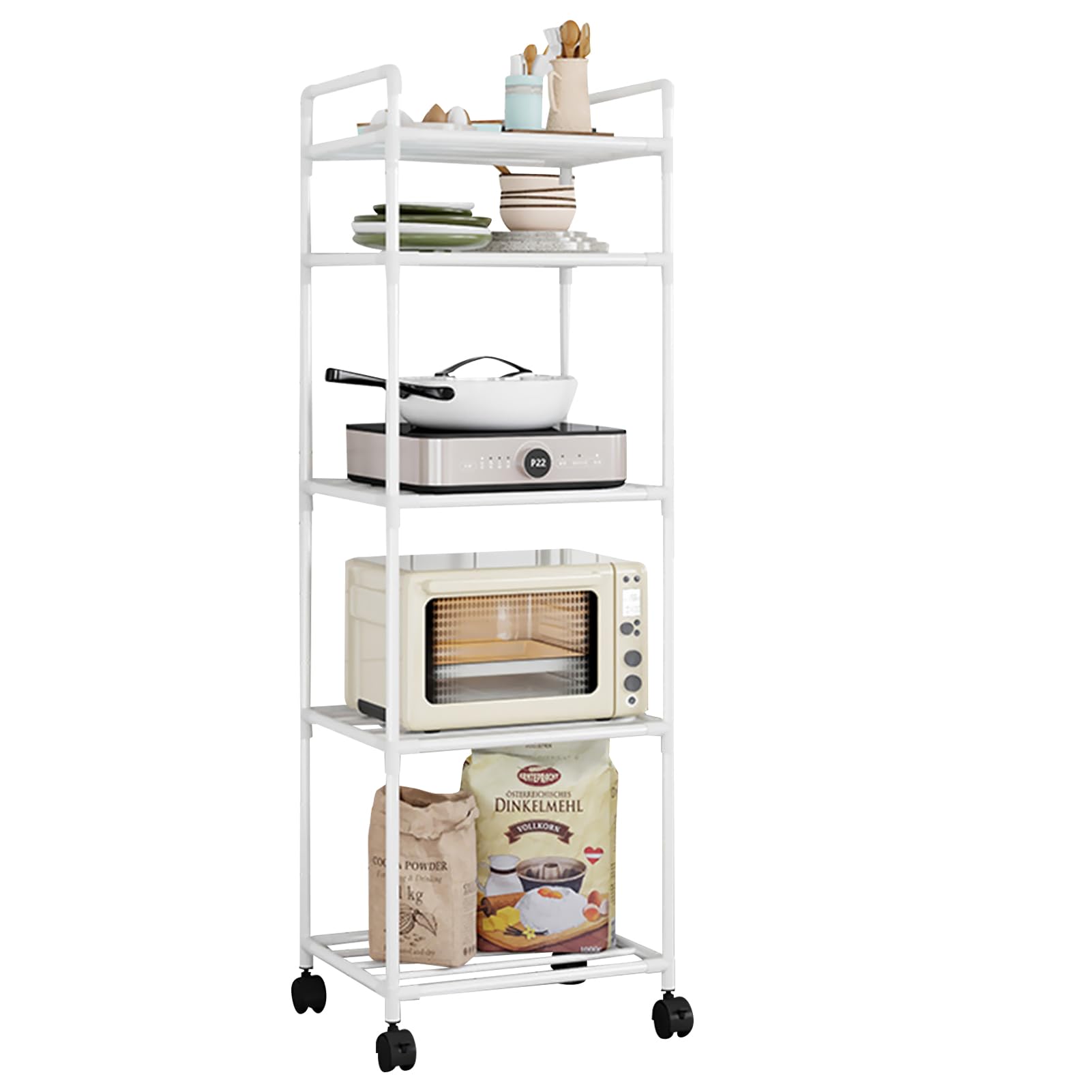 Beauenty 5 Tier Kitchen Storage Rack Metal Adjustable Storage Rack with Wheels Multifunction Movable Shelf with Handle for Bedroom Kitchen Offices Gym (White, 5Tier)