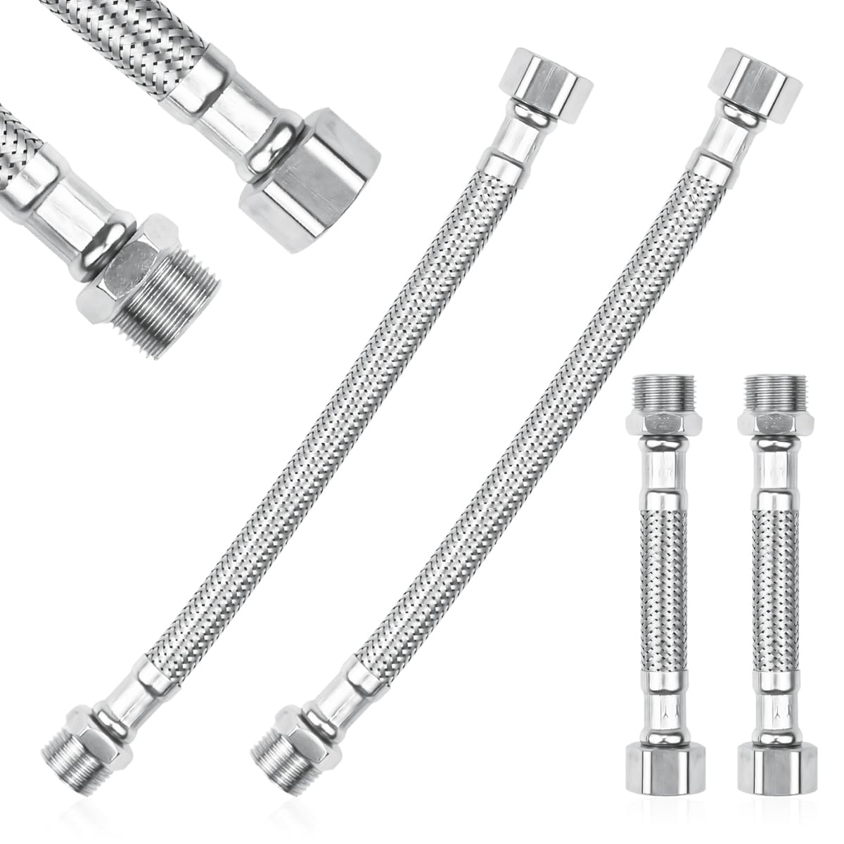 4 Pezzi Tubo Flessibile 3/8", Tubo Corazzato In Acciaio Inox 304, 3/8" Tubi Connessione con Raccordo & Filettatura Esterna per Rubinetto, Prolunga Flessibile per Lavandino, Cucina, Bagno (20 cm/10 cm)