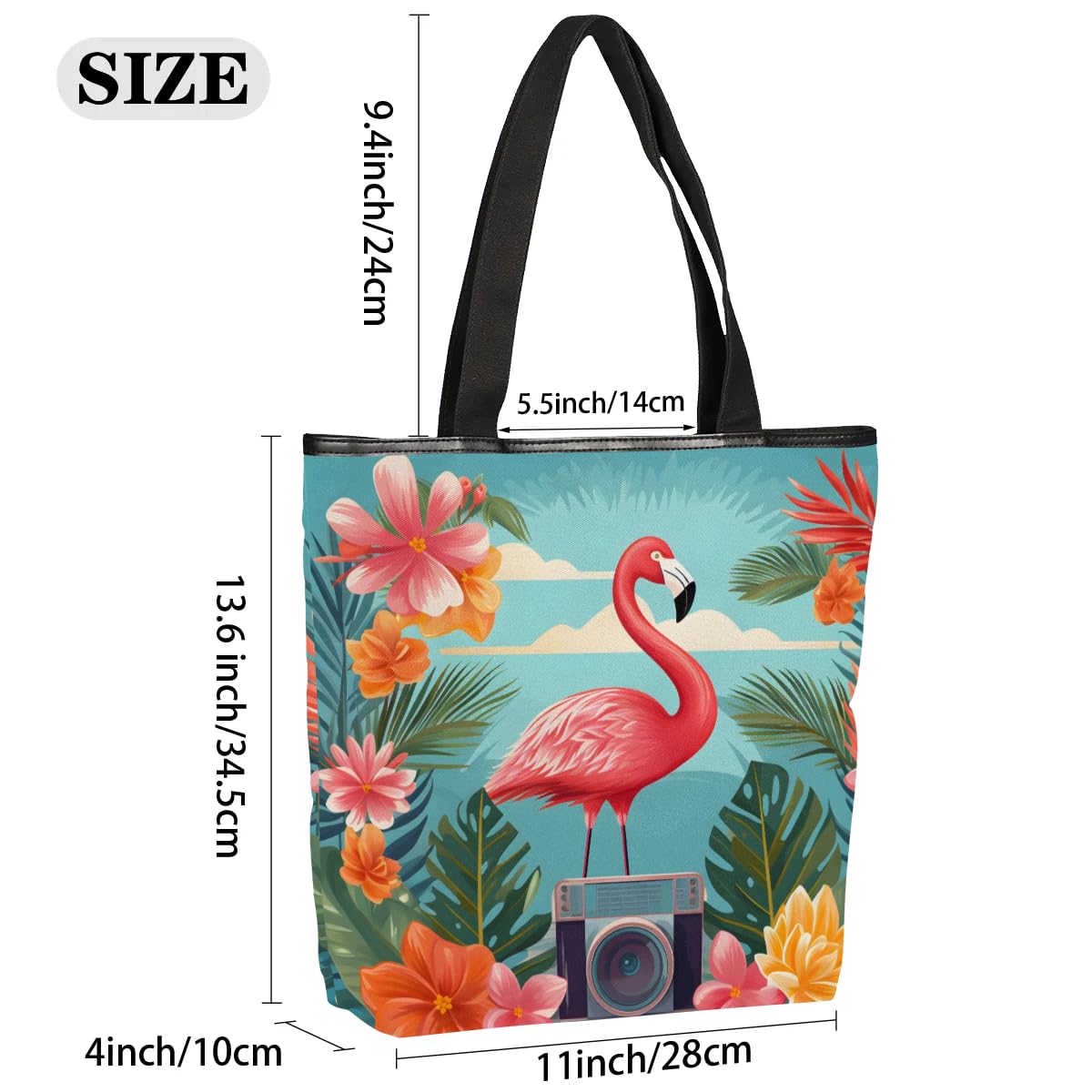 Mularoka Flamingo Flower Audio Canvas Tote Bag with Zipper and Pockets Canvas Tote Shopping Bag Women Reusable Grocery Bag for Beach Travel Gym Shopping