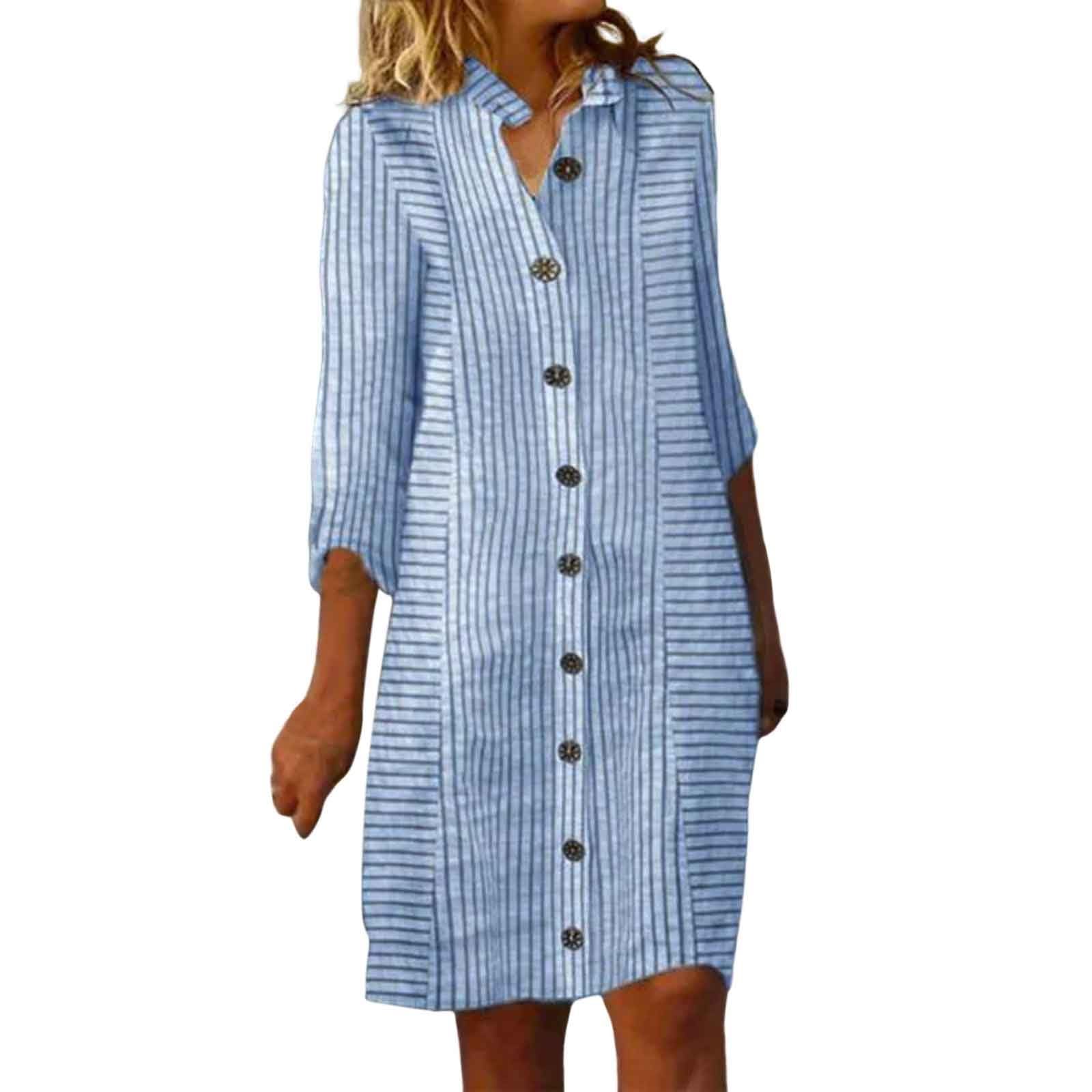 Generic Vestido de verano para mujer, vestido de lino, vestido casual, vestido sólido, camisa, falda larga, informal, manga larga, cárdigan de punto, vestido largo de verano con bordado