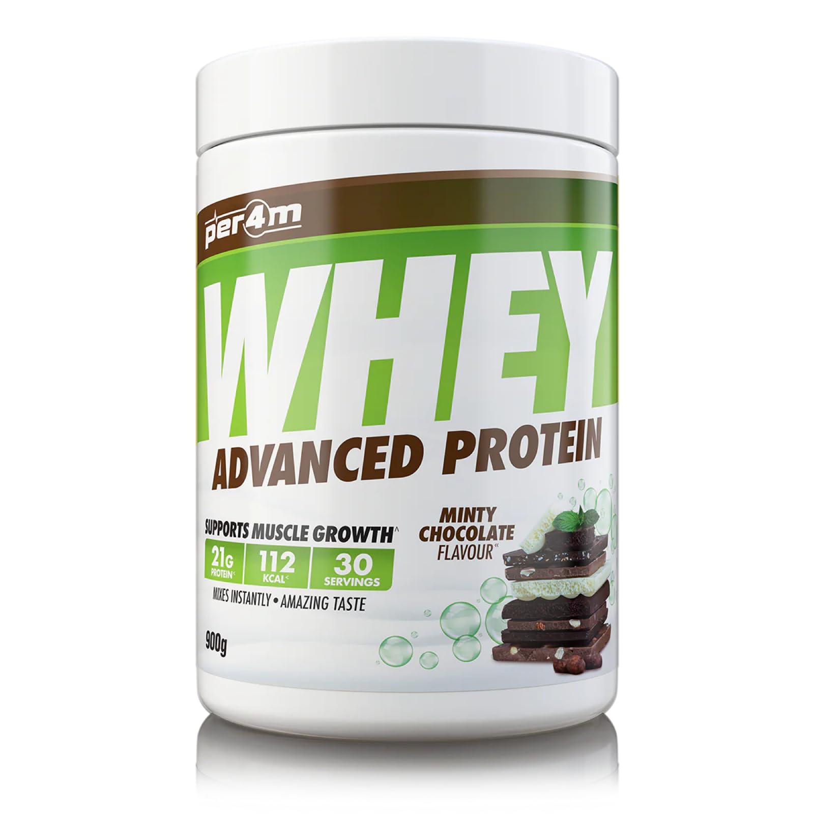 per4mProtein Whey Powder | 30 Servings of High Protein Shake with Amino Acids | for Optimal Nutrition When Training | Low Sugar Gym Supplements (Minty Chocolate, 900g)