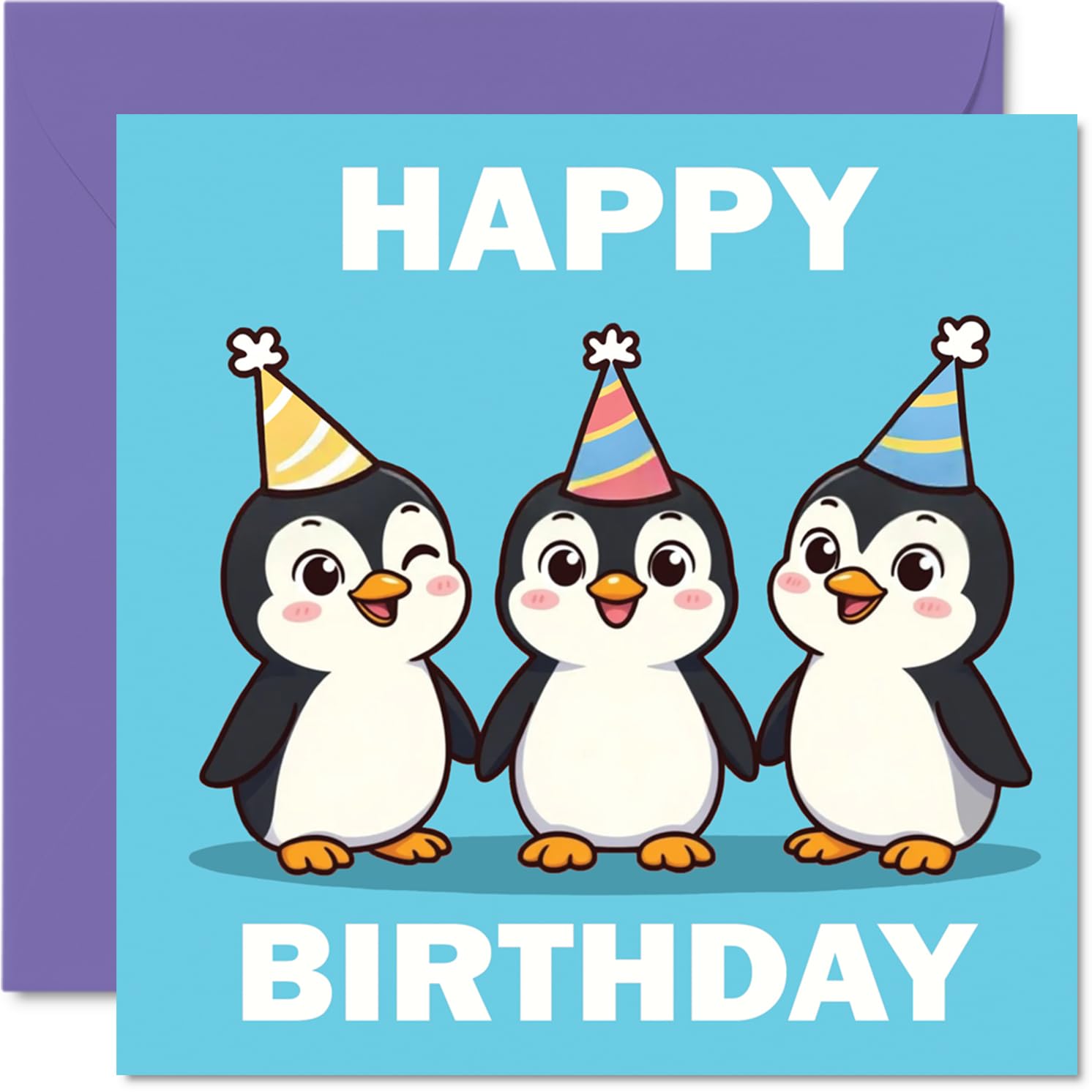 Playful Birthday Card - Bring on the Party Vibes - Three Penguins in Colourful Hats on a Bright Blue Backdrop - Bursting with Birthday Cheer - 145mm Square, Envelope Included