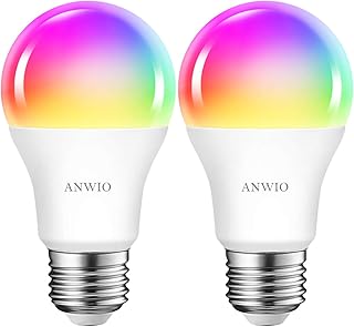 ANWIO 2-Pack Smart Light Bulbs 8.5W (60W Replacement) A19 E26 LED Bulb Work with Alexa, Google Assistant, Smart Life App, Tuya App, Color Changing, No Hub Required