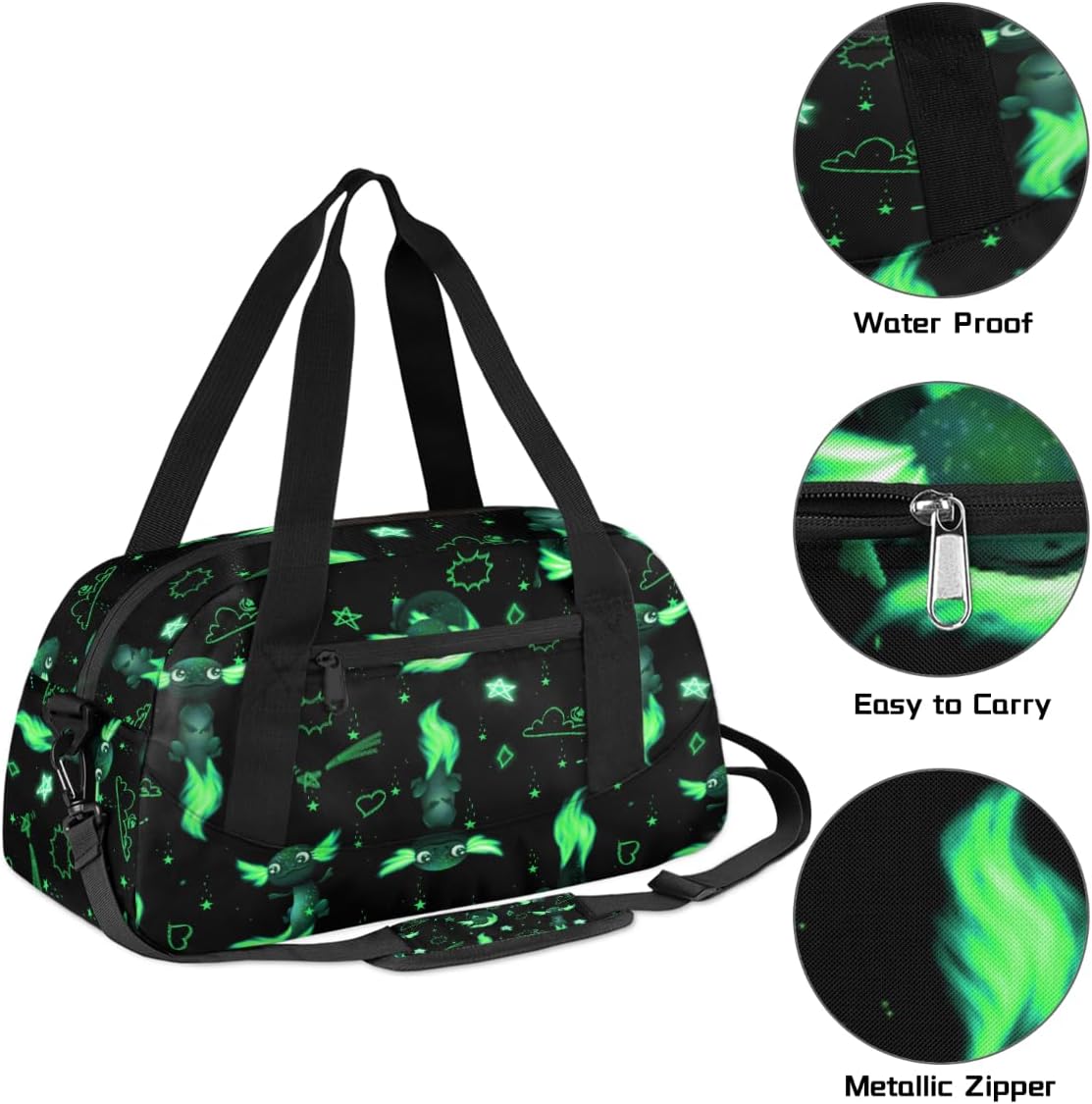 Gym Travel Duffle Bag for Boys - Green Axolotl Kids Overnighter Weekend Bag with Front Zipper Pocket for School Practice, Teens Carry-On Size Sleepover Bags