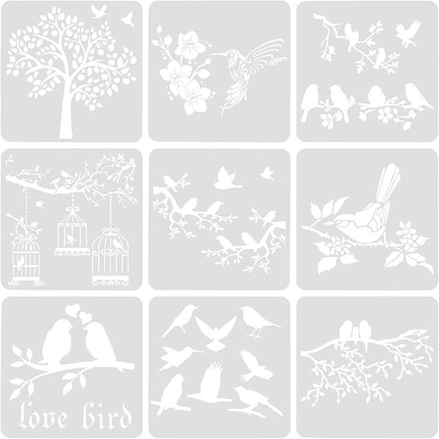 9 Pcs Birds Painting Stencils, DIY Plastic Templates Stencils, Bird Flower Leaf Drawing Reusable Stencils, Reusable Mandala Stencils for Walls, Arts, Scrapbooking, Home Decor - 8*8 inch