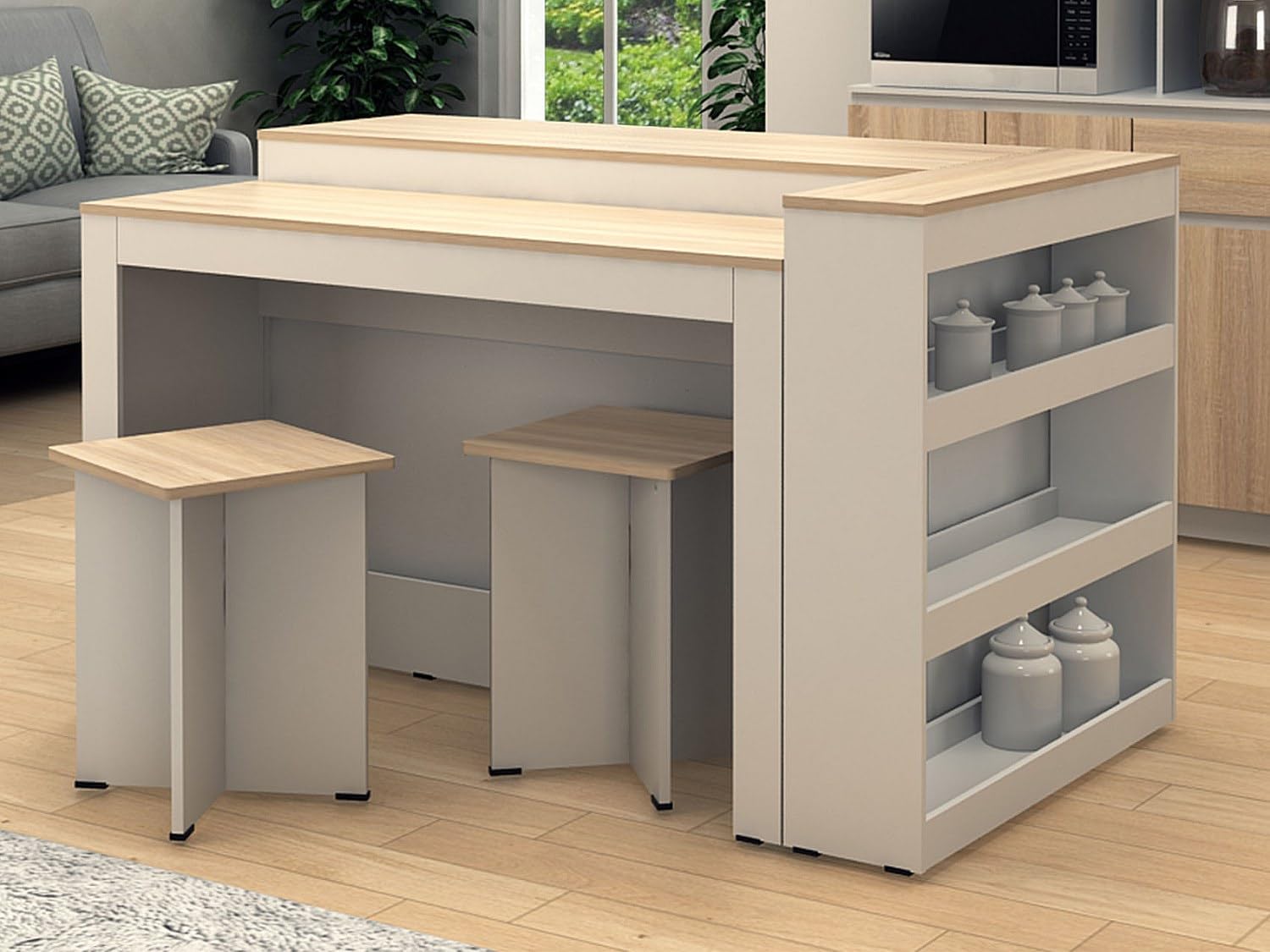 Vente-unique - Ensemble îlot Central de Cuisine + 2 tabourets - Blanc et Naturel Clair - NUSICE