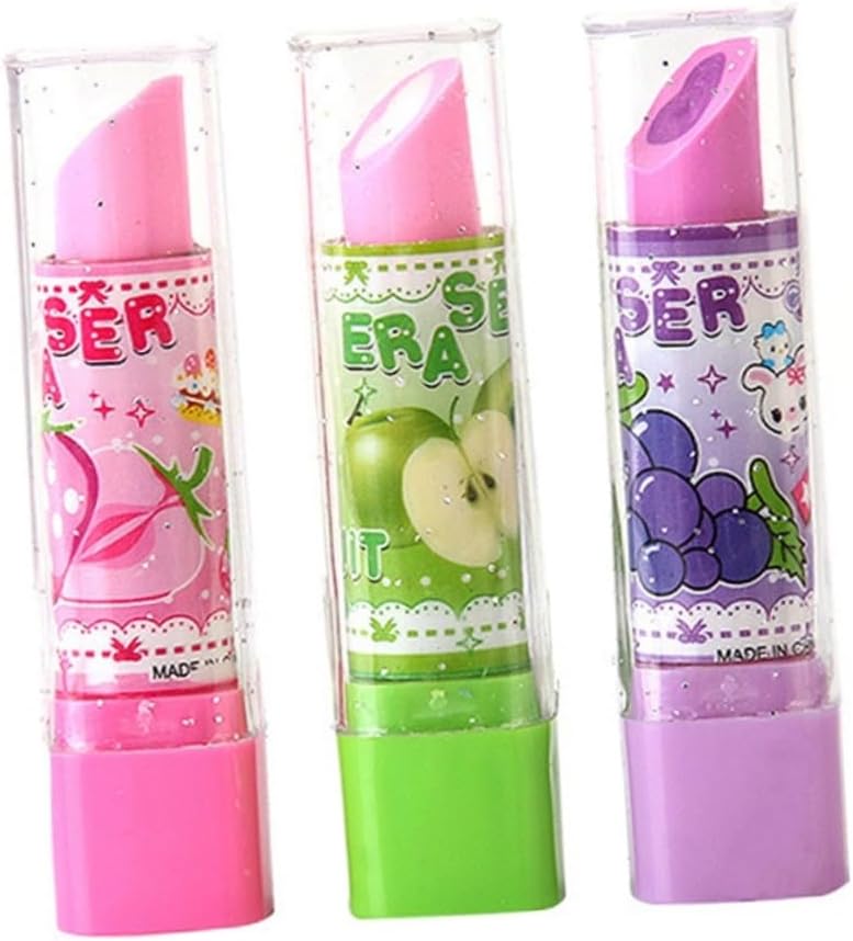 Stationery Set 10pcs Lipstick Shape Erasers Funny Fruit Patterns for Kids Random Color