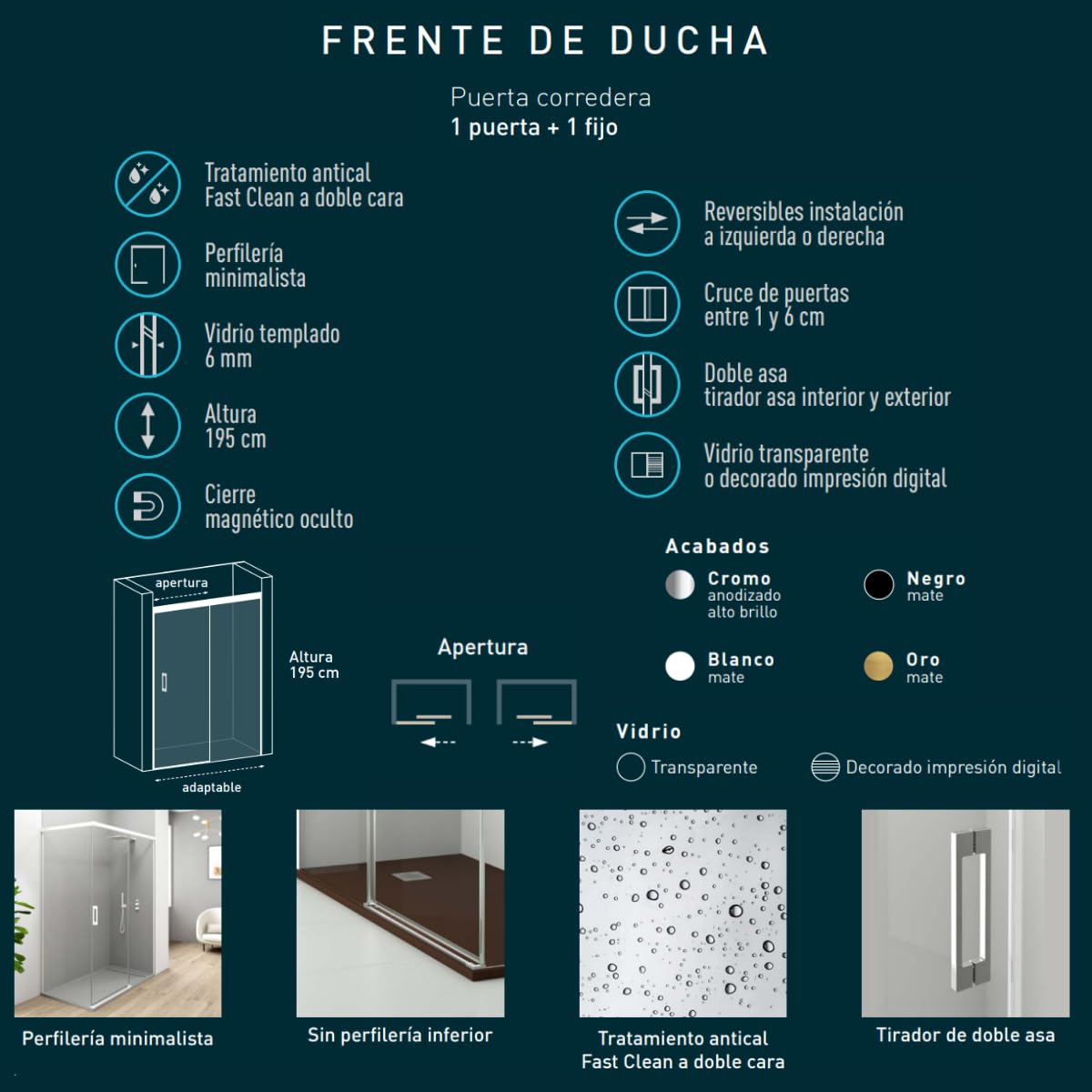 Mampara Ducha Frontal 1 puerta 1 fijo Corredera | Vidrio Templado 6mm Antical Transparente | Altura 195cm |Perfil Oro 110 cm (Adaptable 104-109cm)