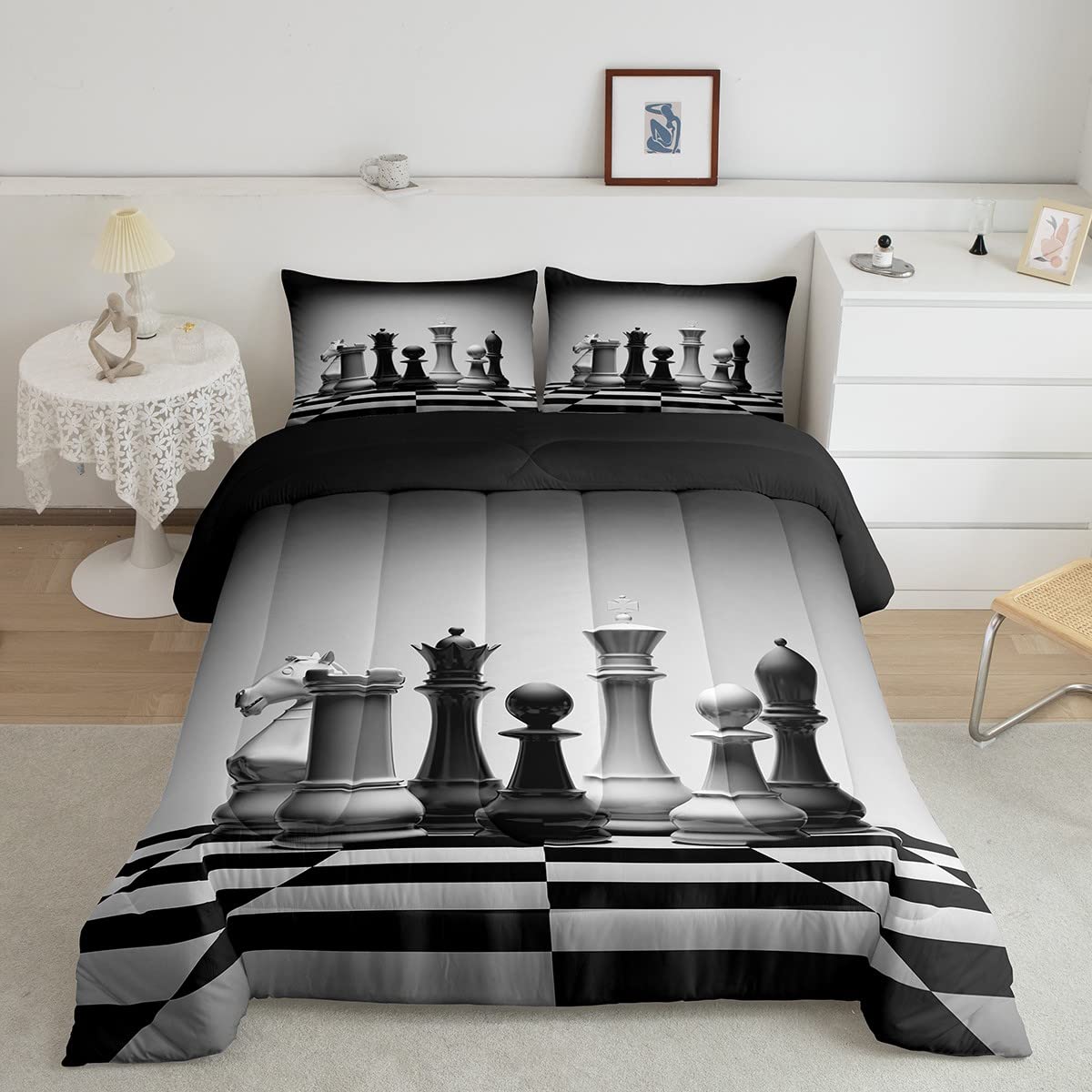 Feelyou International Chess Comforter Set Chess Board Bedding Set for Kids Boys Teens Cool Games Comforter Geometric Grid Quilt 1 Comforter Set with 2 Pillowcases Queen Size Boys