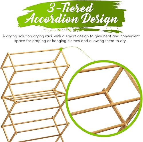 Miniatura 3 de Bartnelli Tendedero de bambú para ropa secadora de ropa de madera estabilidad extrema construcción resistente plegable ahorro de espacio uso en
