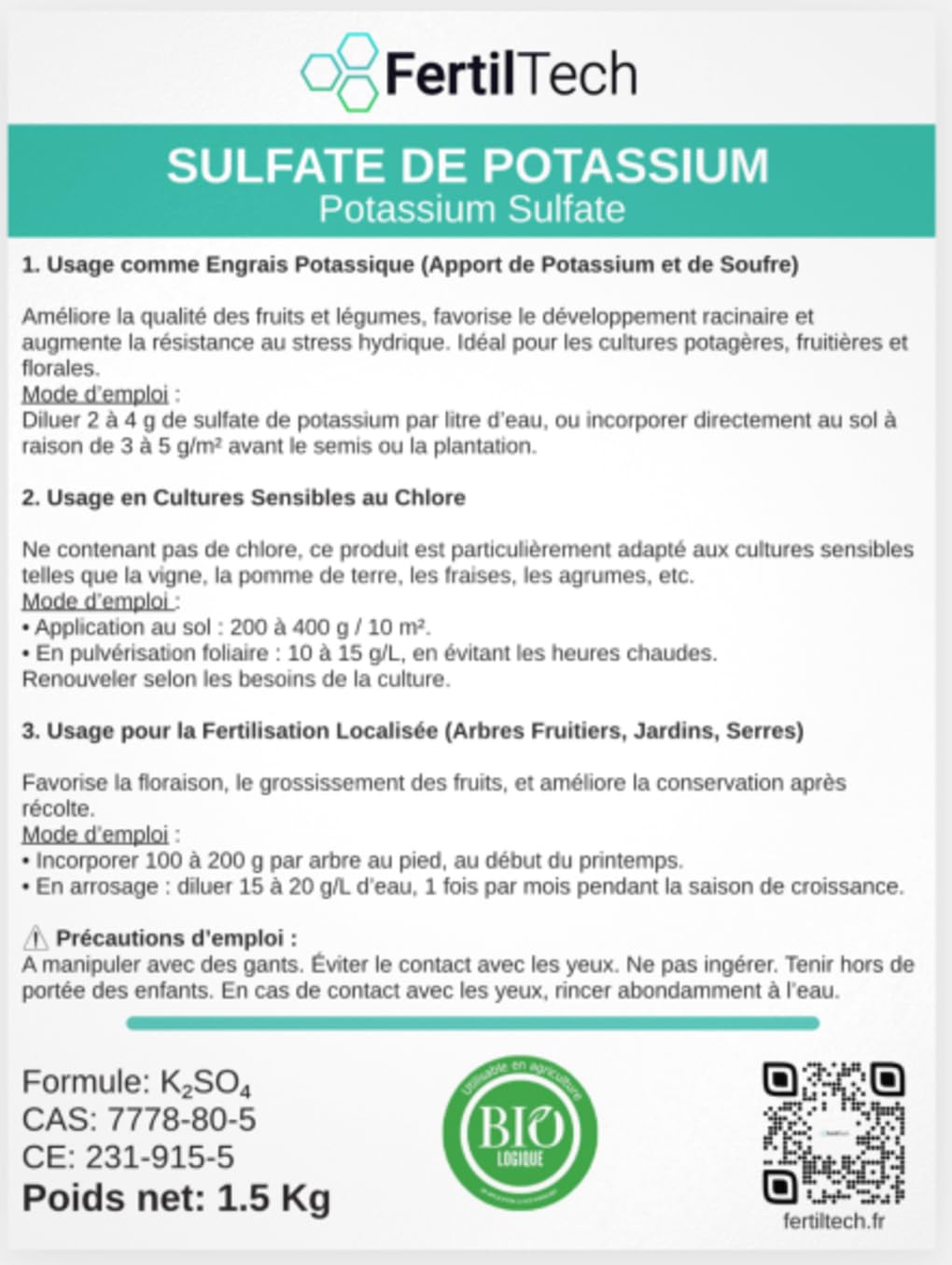 Sulfato de potasio 1,5 kg – Fertilizante natural rico en potasio y azufre – Ideal para jardín, huerto, frutas y verduras – Favorece la floración, el crecimiento y la cosecha