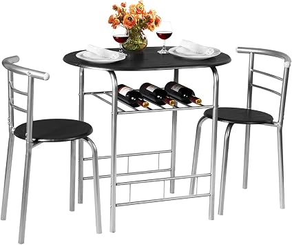 KOTEK 3 Piece Dining Set, Indoor Bistro Set 2 Chairs and Table w/Storage Shelf, Metal Frame, Compact Kitchen Table & Chairs Set for 2, Small Space, Apartment Silver & Black