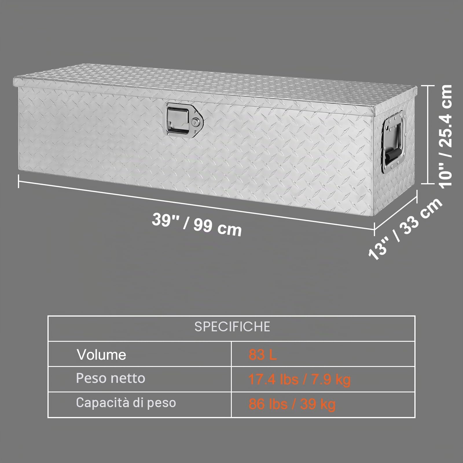 VEVOR Cassetta degli attrezzi per camion in alluminio resistente, cassetta degli attrezzi con maniglia laterale, per pick-up, pianale di camion, camper, rimorchio, 39"x13"x10", Argento