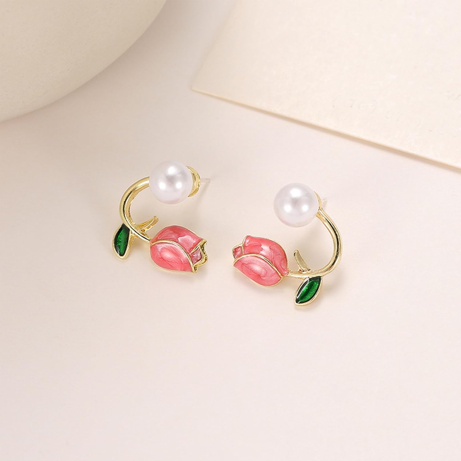 Cute Tulip Pearl Earrings for Women Pearl Tulip Flower Front and Back Stud Earrings Party Jewelry - Image 7