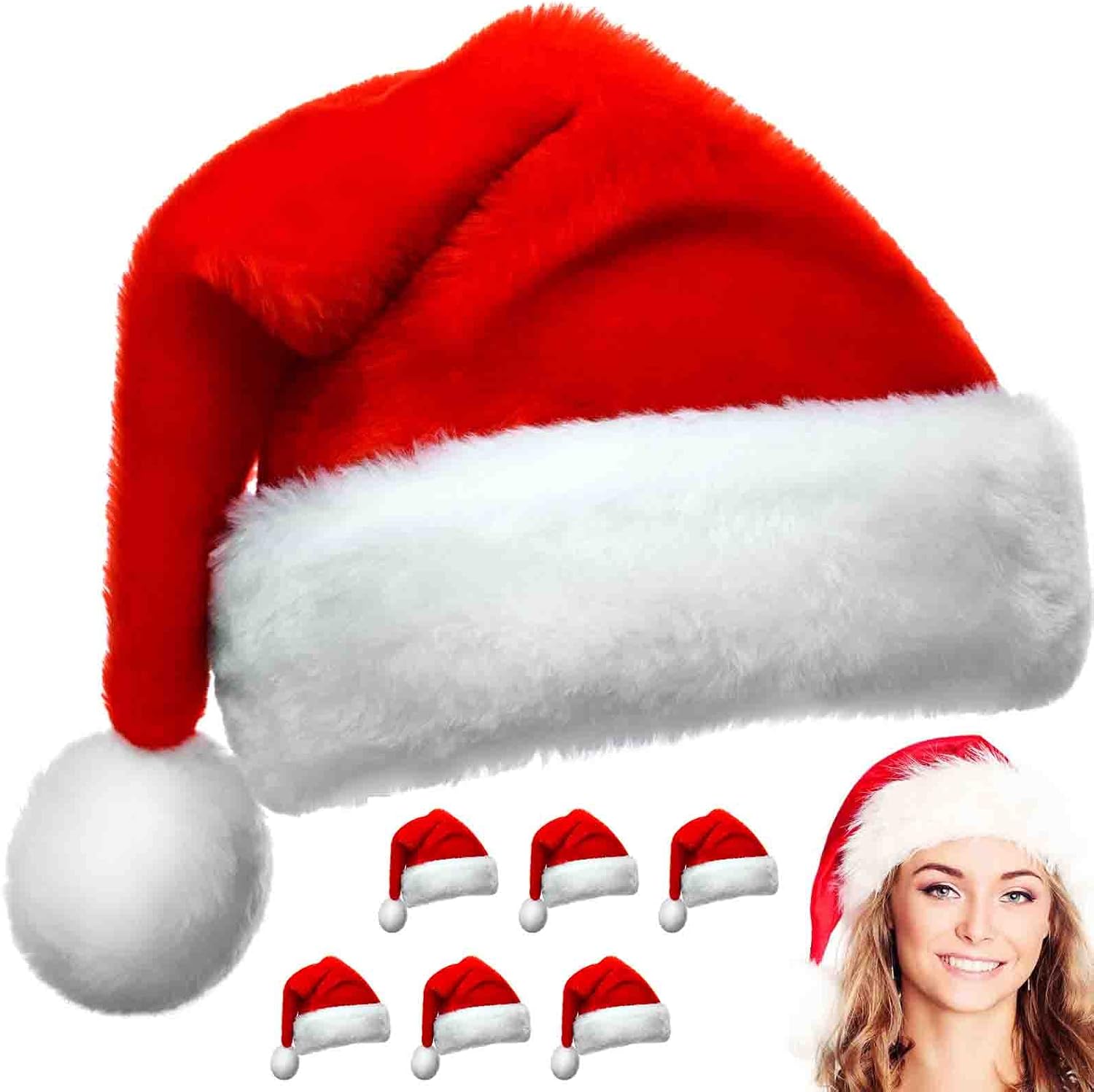 MNKXL Santa Hats Red Plush Bulk,6 Pack Christmas Hat for Adults,Velvet Warm Santa Hat for Holiday Party Supplies,Thickened Warm Christmas Hats All Ages Fit