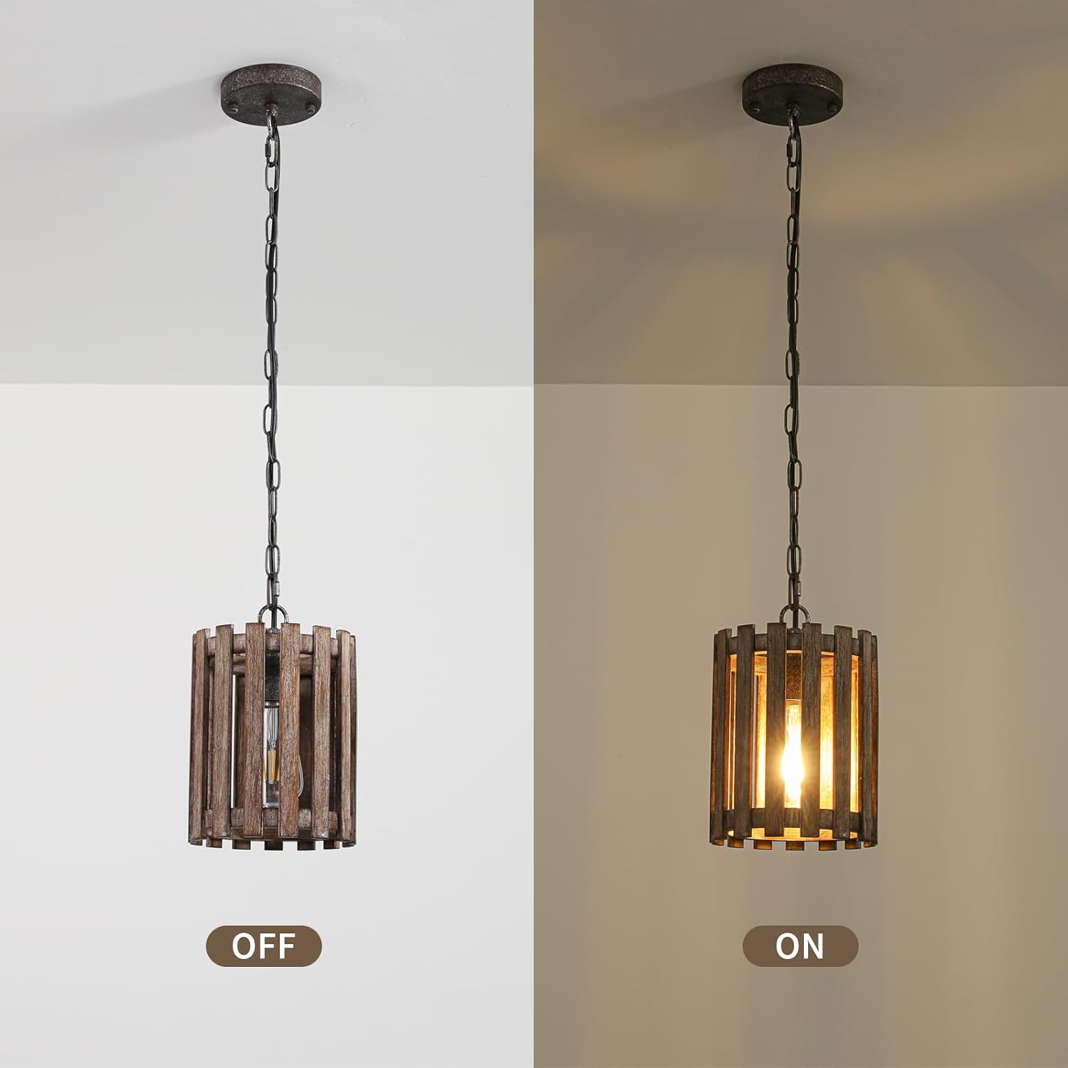 Farmhouse Rustic Pendant Light, 1-Light Round Cage Pendant Lighting Fixture with Adjustable Chain for Kitchen Island Hallway Dining Room Bar, Solid Wood