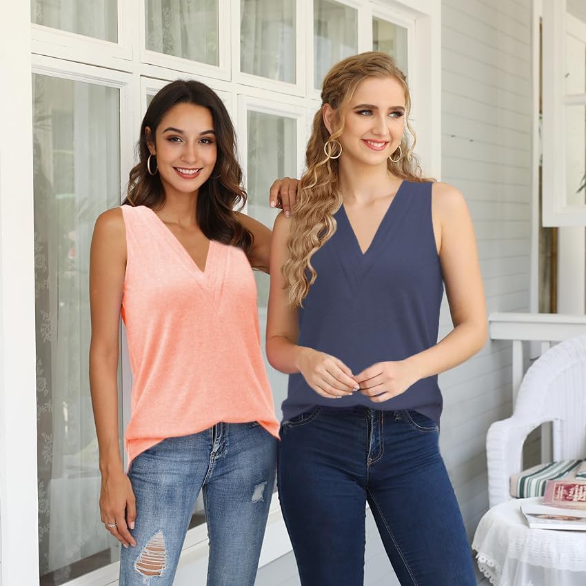 Women Summer Tops Sleeveless V Neck Tshirts Basic Casual Tank Tees Loose Fashion Blouses,Pink,Navy M-2 - Image 2