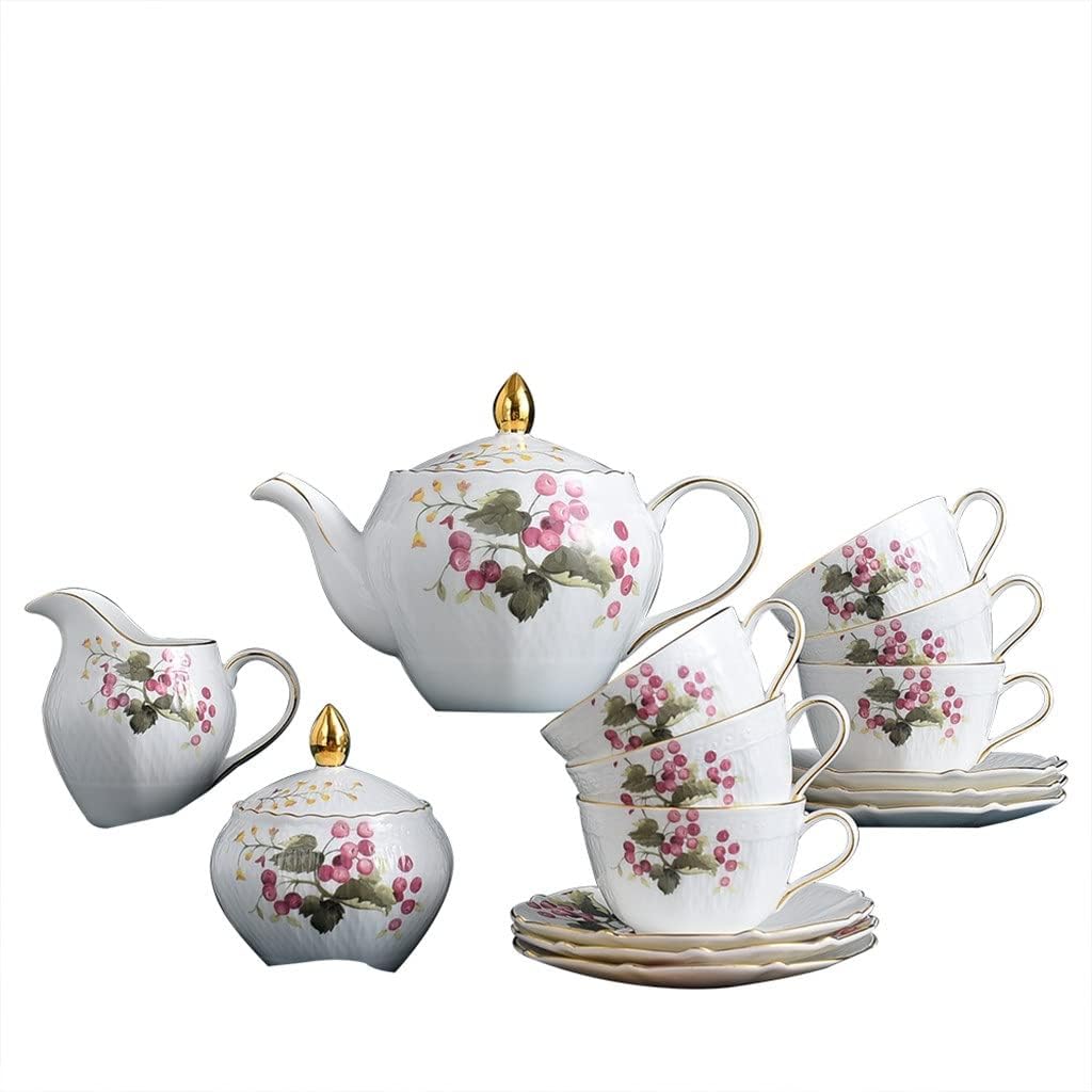 15 Pcs Gold Rim Relief Ceramic Color Cherry Coffee Sets with Teapot Ceramic Teapot and Cup Set