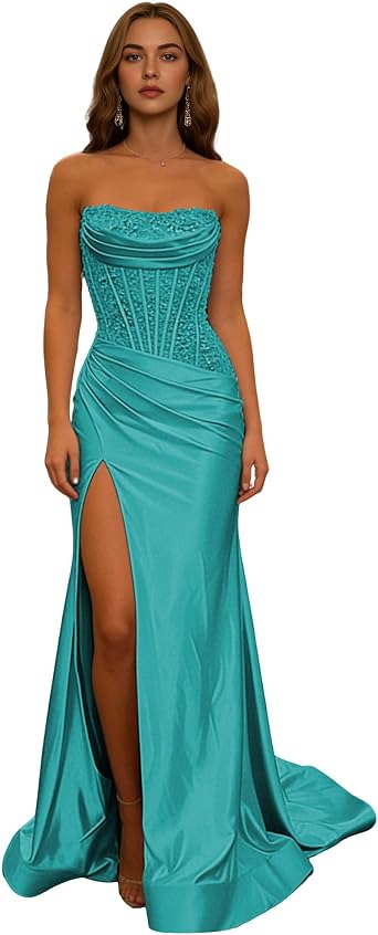 Square Neck Satin Long Prom Dresses for Women Tiered Mermaid Cocktail Evening Gown