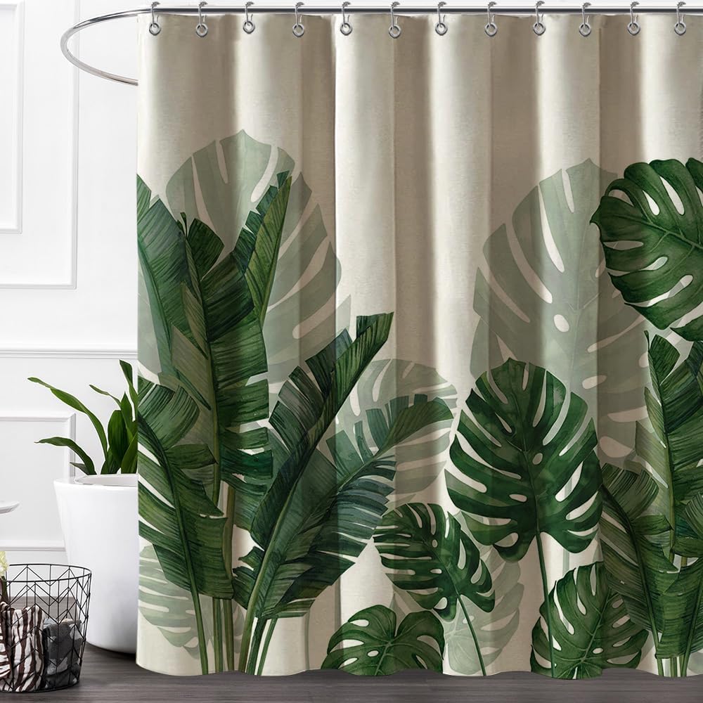 Baccessor Linen Shower Curtain Tropical Green Leaf Shower Curtains Botanical Banana Monstera Leaf Palm Tree Water Repellent Heavy Duty Fabric Cloth