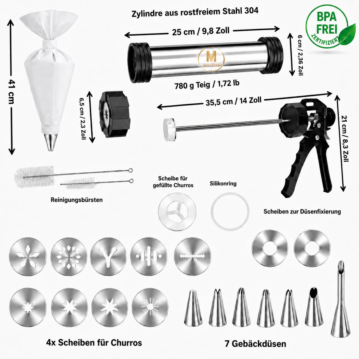 Churrera professionale in acciaio inox 304 senza BPA certificato UE - Kit per churros, manganelli e biscotti con sac pasticcere, 41 cm, 12 dischi, 7 ugelli e ricettario QR