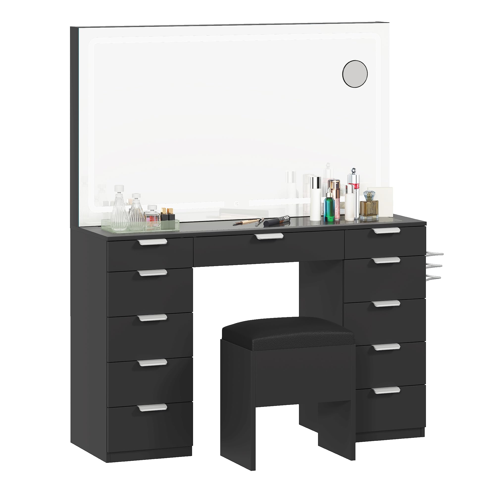 DWVO Schminktisch mit Spiegel, Kosmetiktisch mit 11 Schubladen, Beleuchtung, Steckdose, schwarz (Make Up Tisch, Frisiertisch, Kosmetiktisch, Vanity Table)