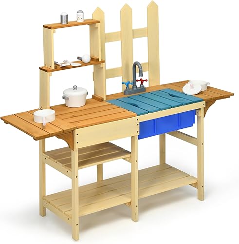 HONEY JOY Juego de cocina de barro para niños, para interiores y exteriores, juguete de simulación de madera con fregadero extraíble, grifo