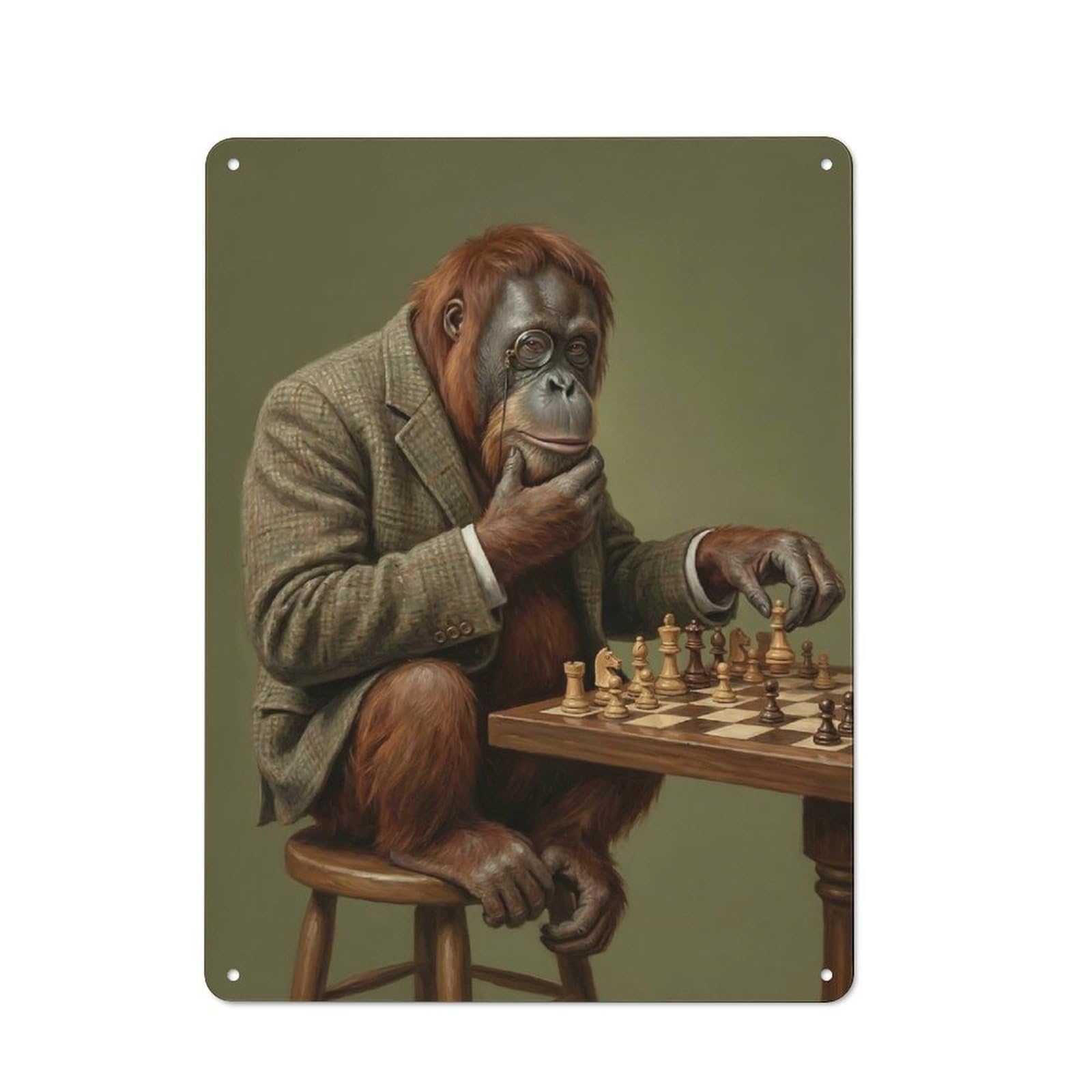 Junmoney Style-6 Metal Wall Sign 40X30cm Featuring Orangutan Chess Player For Café Or Home Bar, For Collectors Decorating Cafés And Home Bars
