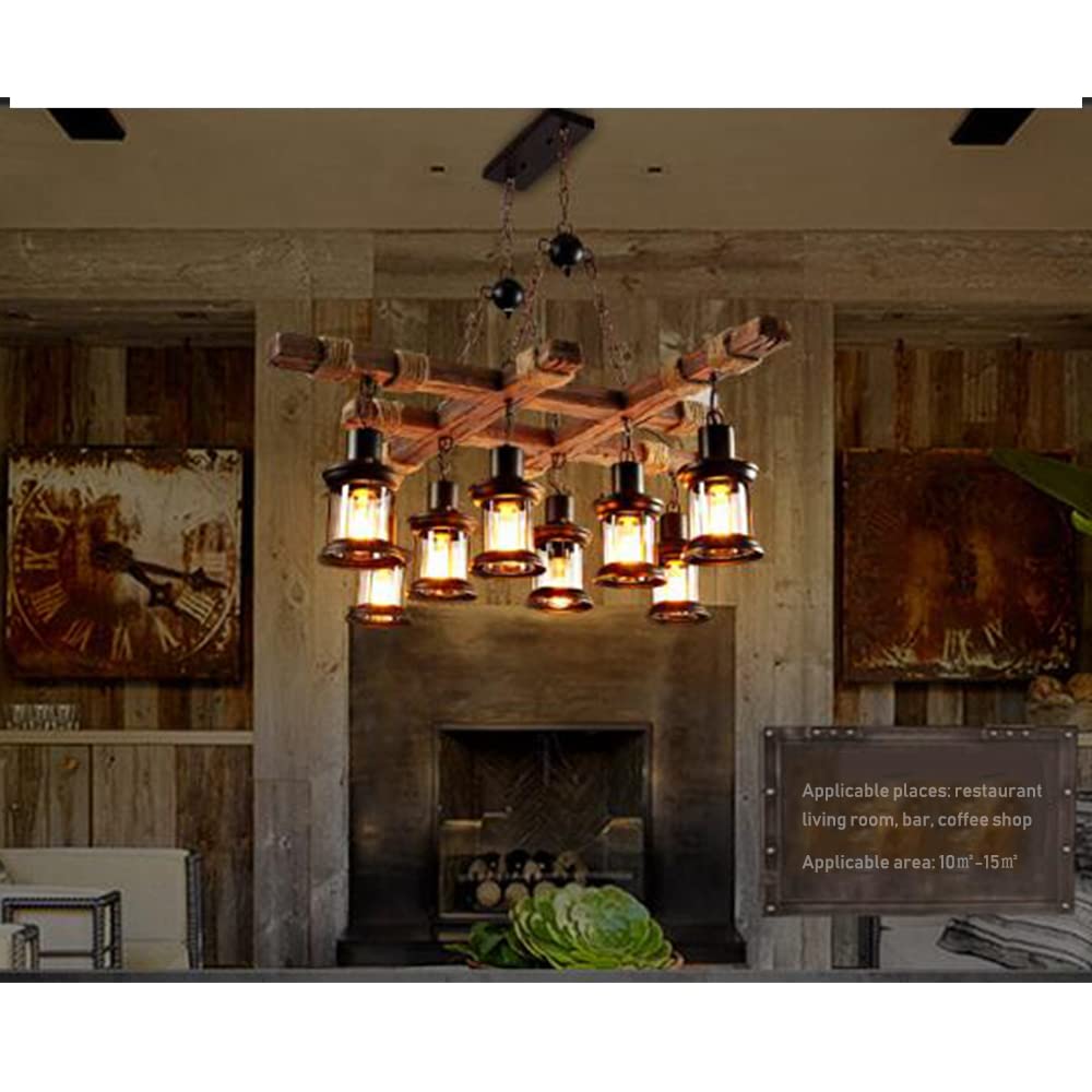 E27 Industrial Vintage Wood Sufit Lampa Wisząca, Regulowana Wysokość Lampa Wisząca, Szklany klosz, Metalowa lampa wisząca do salonu, jadalni, kuchni