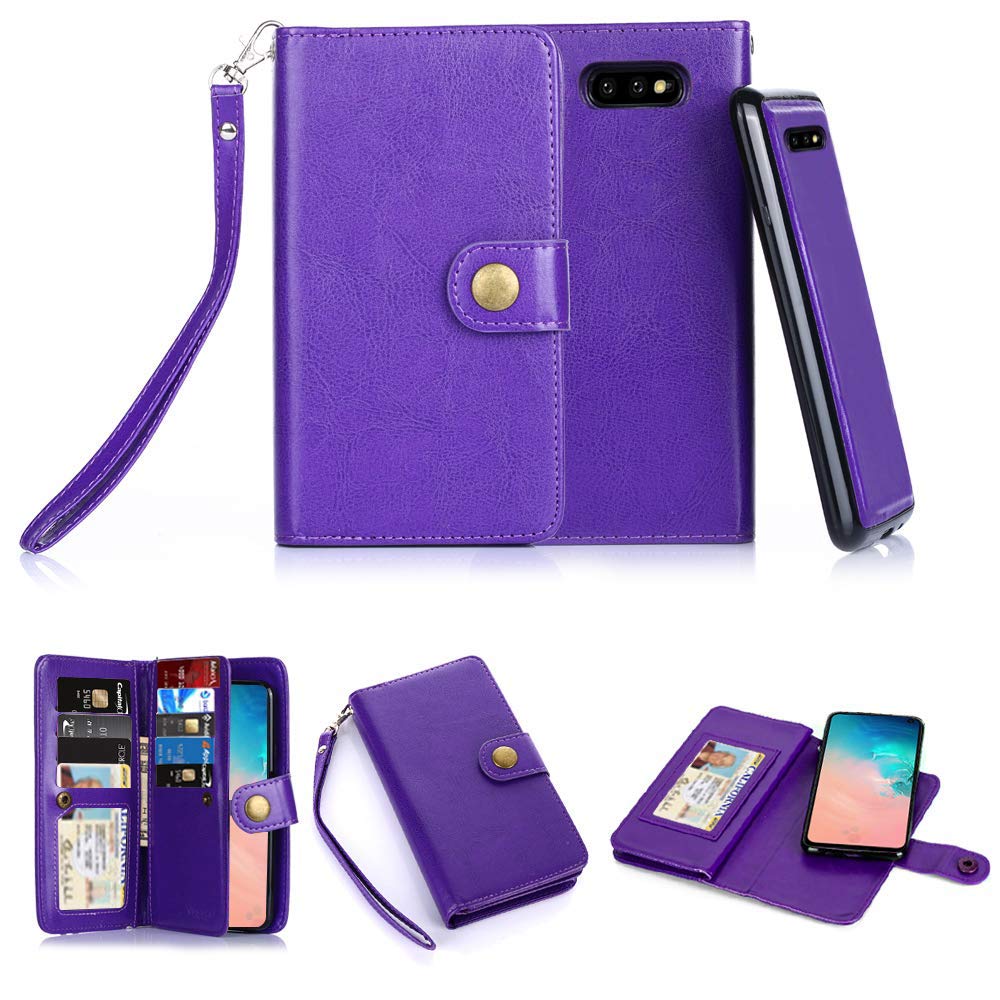 Galaxy S10e Case, 10 Card Slot - ID Slot, Button Phone Wallet Cover Folio PU Leather Case Cover with Detachable Magnetic Hard Case - Purple
