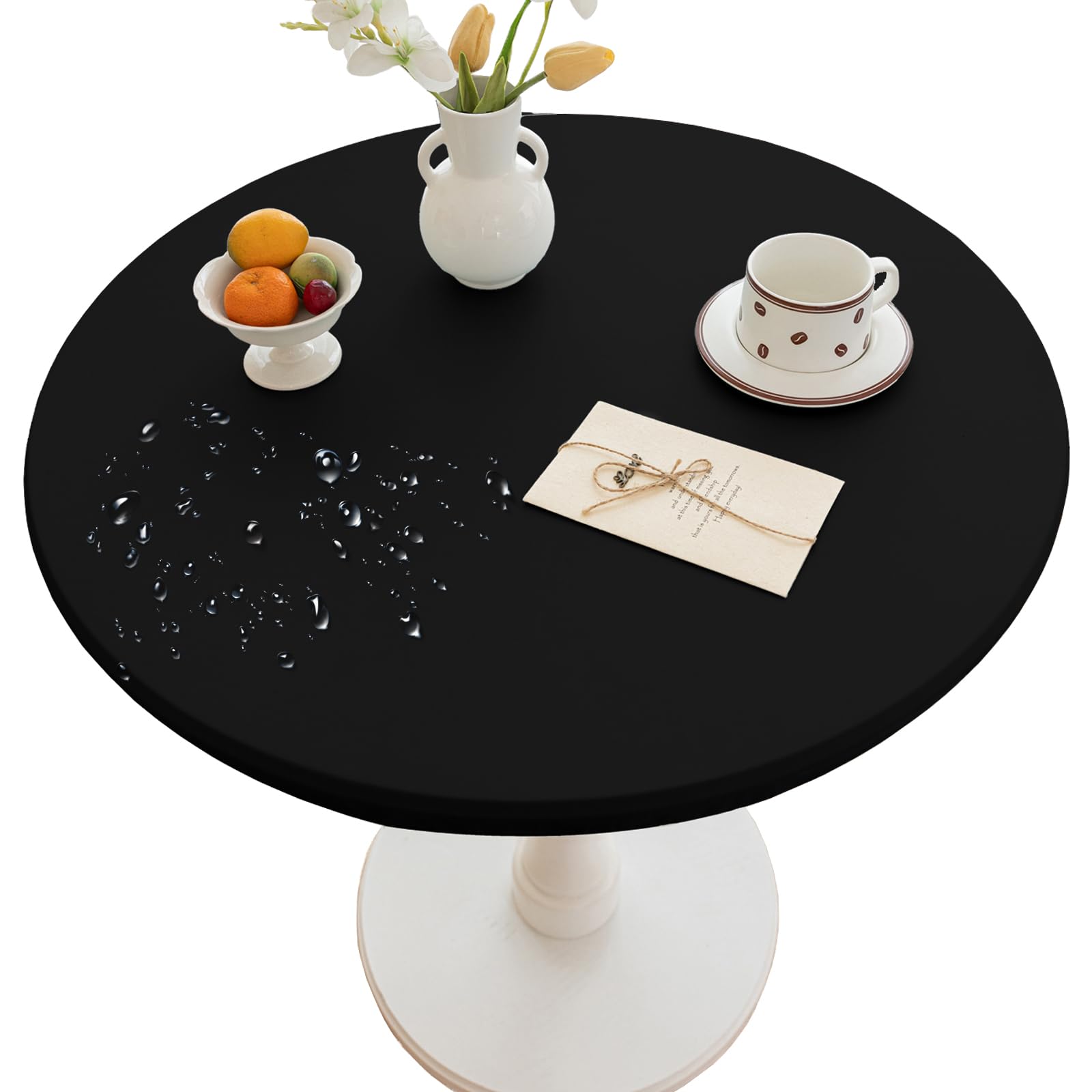 Thdsubb Round Tablecloth Leather Waterproof Tablecover Elastic Edged Fitted Table Protector Cover Wipeable for Home Picnic Party (Black,70cm)