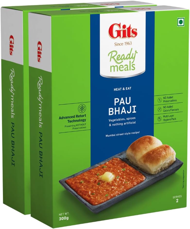 Gits Ready to Eat Pav Bhaji, Pure Veg, Heat and Eat Indian Chaat, Microwaveable, 600g (Pack of 2, 300g Each)