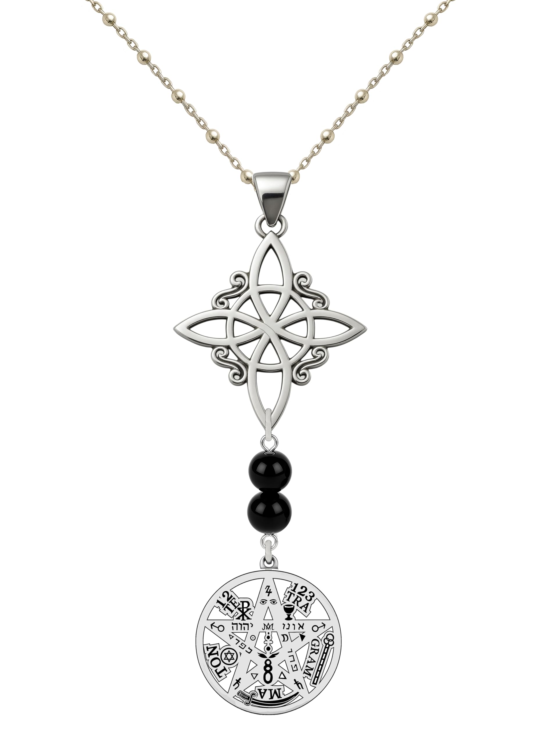 Tetragramatón Acero Inoxidable con Cadena y nudo de brujas– doble protección nudo de bruja y tetragramaton -amuletos de la suerte y proteccion. Amuleto de Protección Energética,turmalina natural.